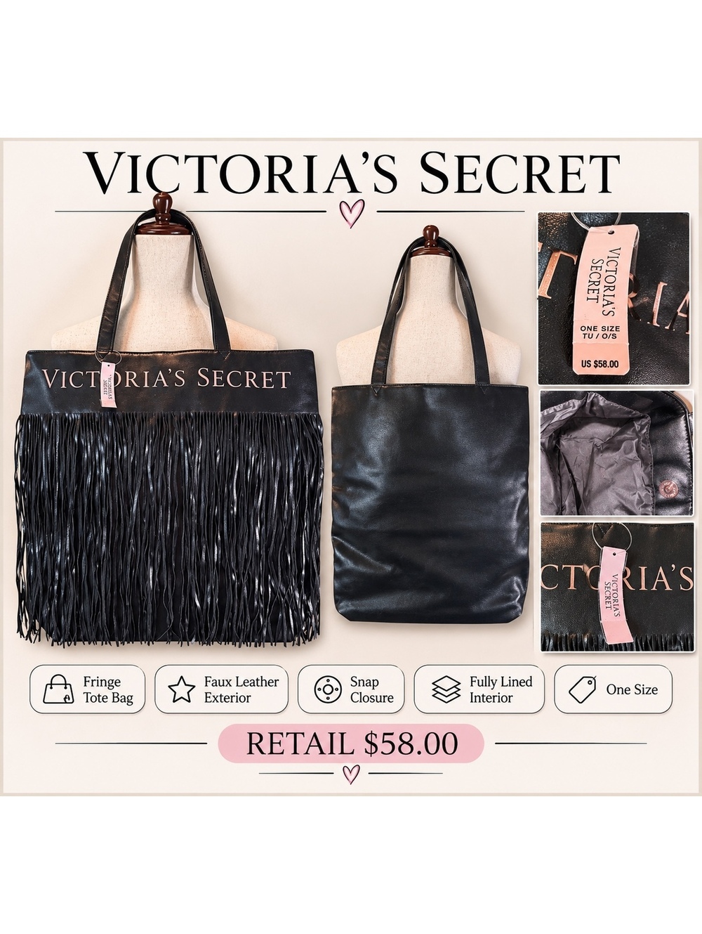 Victoria's Secret Black Faux Leather Fringe Tote Bag